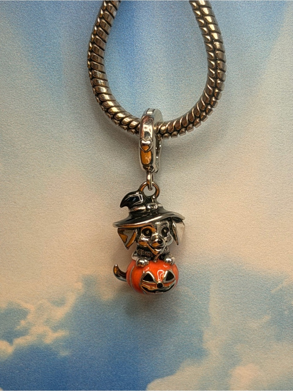 Sterling Silver Halloween Puppy Pumpkin Charm - Orange